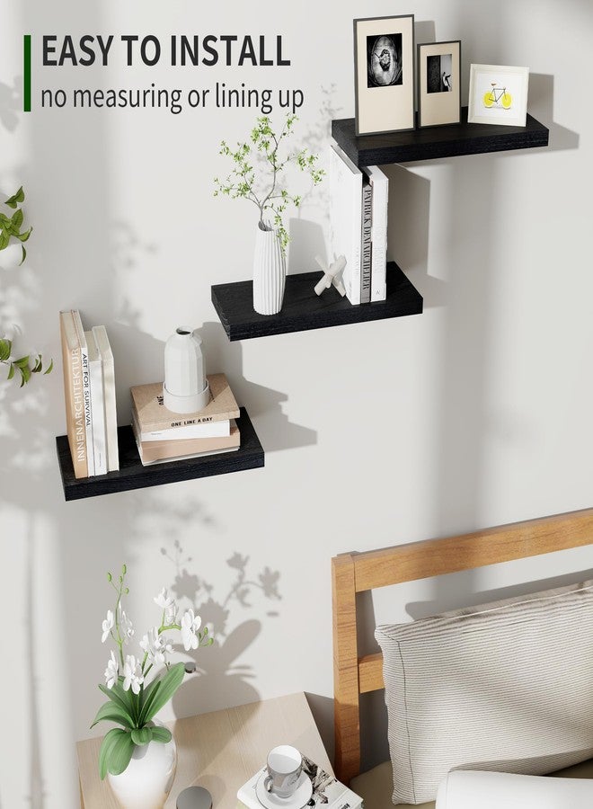 Marsmiles Wood Floating Shelves for Wall Set of 3, 17 Inch Wide Rustic Wooden Floating Shelves, Invisible Wall Mounted Display for Living Room Bedroom Kitchen Bathroom Office, Black - Image 5